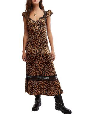 Free People Foolish Heart Printed Lace Trim Satin Dress Sz M